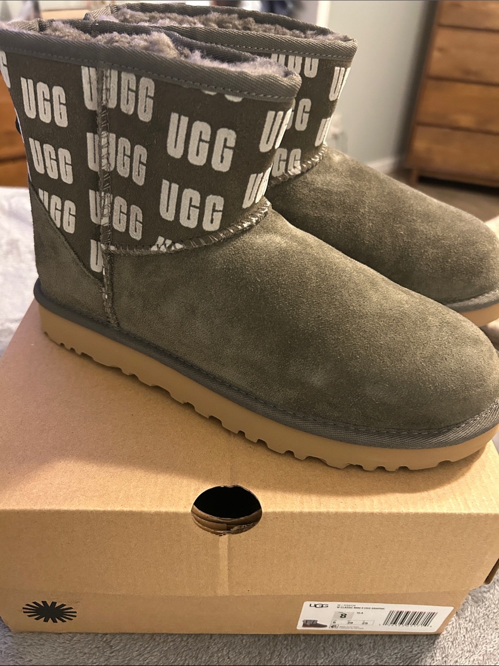 UGG Women's Logo Short Suede Boots in Olive Green with Chestnut Sole